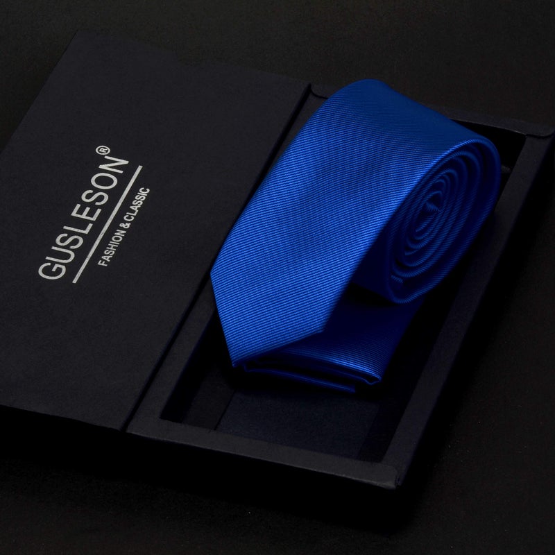 GUSLESON 2.4" Royal Blue Skinny Tie Solid Formal Slim Necktie and Handkerchief Set For Men (0754-07) - Image 3